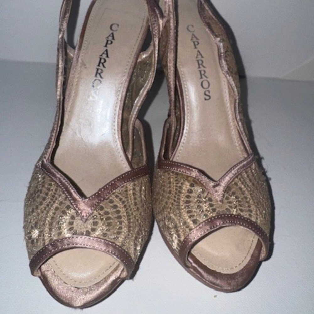 Caparros Pale Pink Lace Open Toe Heels. Dyeable with minor marks.